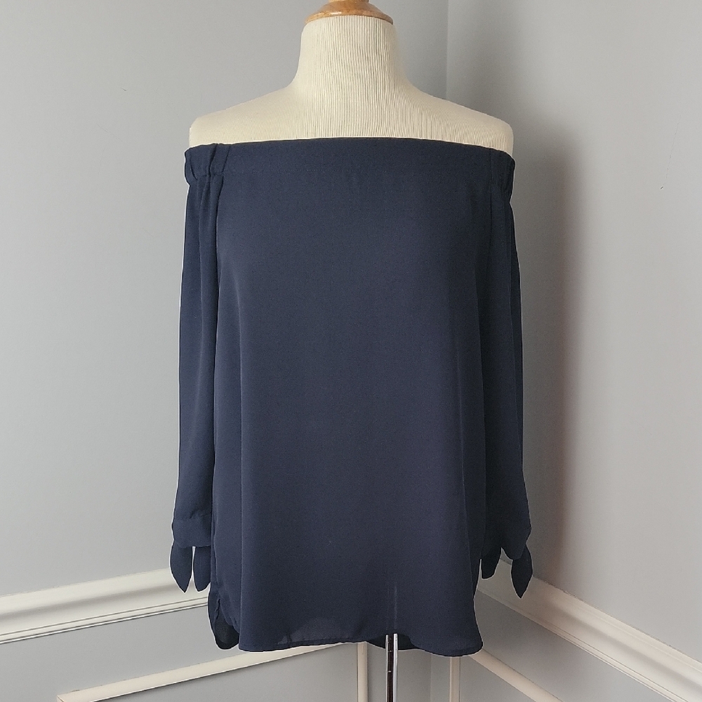 BANANA REPUBLIC Navy Blue Off The Shoulder Bow Back‎ Button Boho Nautical Blouse